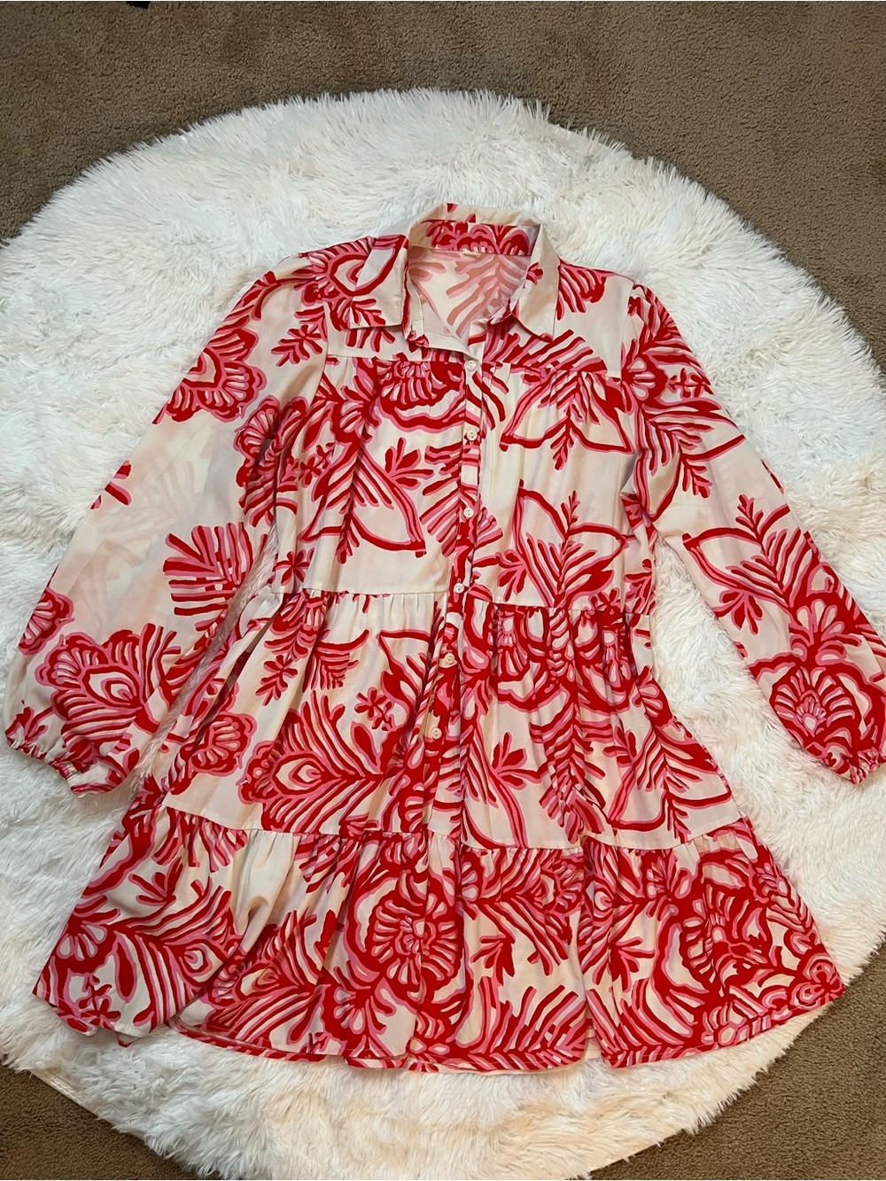 Women's Red Floral Tiered Button-Front Babydoll ShirtDress